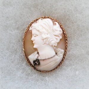 Antique Deco 14K Yellow Gold Diamond Carved Shell Cameo Brooch Pin Pendant
